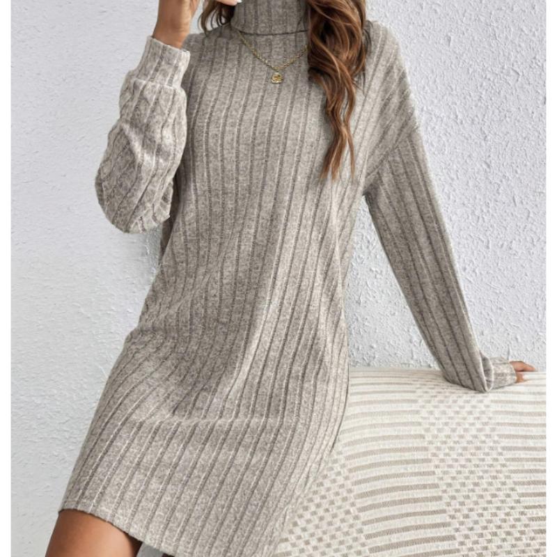 Fashion Elegant Fall Winter High Neck Drop Shoulder Ribbed Dress