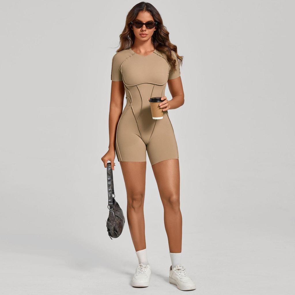 Europäischer & Amerikanischer 3D Ästhetischer Kurzarm Jumpsuit mit Offenem Rücken für Yoga und Fitness