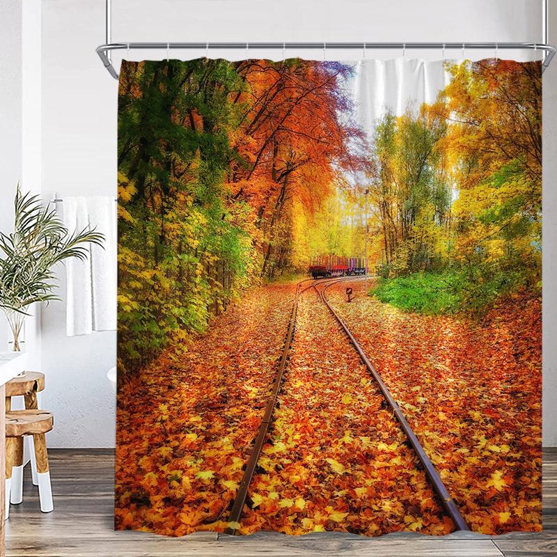 Autumn Landscape Shower Curtains Red Maple Trees Pavilion Arch Bridge Park Nature Scenery Home Bathroom Decor Bath Curtain Set
