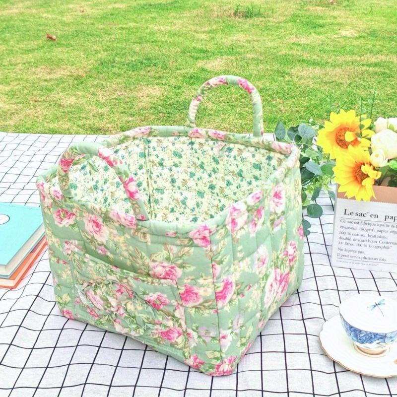 Large Floral Canvas Storage Basket - Washable Organizer for Clothes, Jewelry & Accessories, Pink Rose Design, Home & Travel