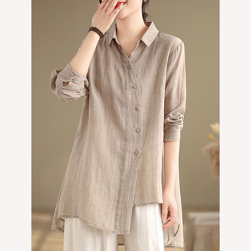 Camicia Lunga in Cotone e Lino Taglia Larga Donna Primavera Autunno Cardigan Moda Larga Casual Protezione Solare Camicia Donna