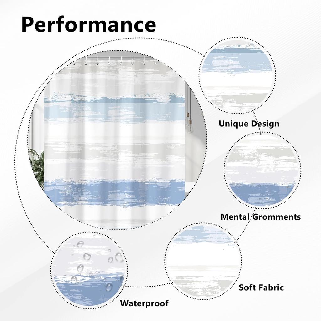 Blue And Gray Striped Shower Curtain,Abstract Modern Minimalist Aesthetic Geometric Hotel Bathroom Decor Fabric Light Blue White