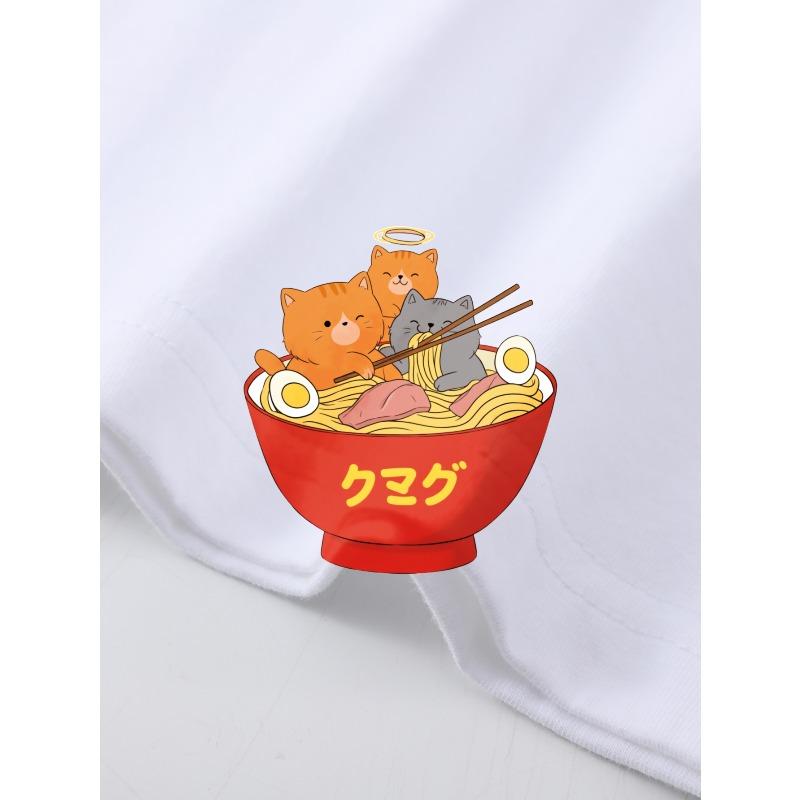 Children Crew Neck Short Sleeve T-Shirt with Cartoon Rabbit & Ramen Print
