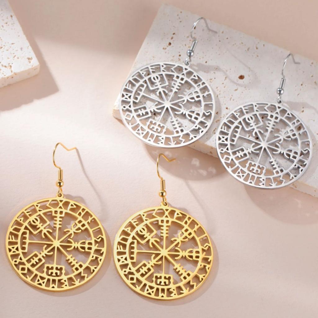 Vegvisir Viking Compass Dangle Earrings for Women Stainless Steel Barbarian Gladiator Pagan Odin Norse Runes Jewelry