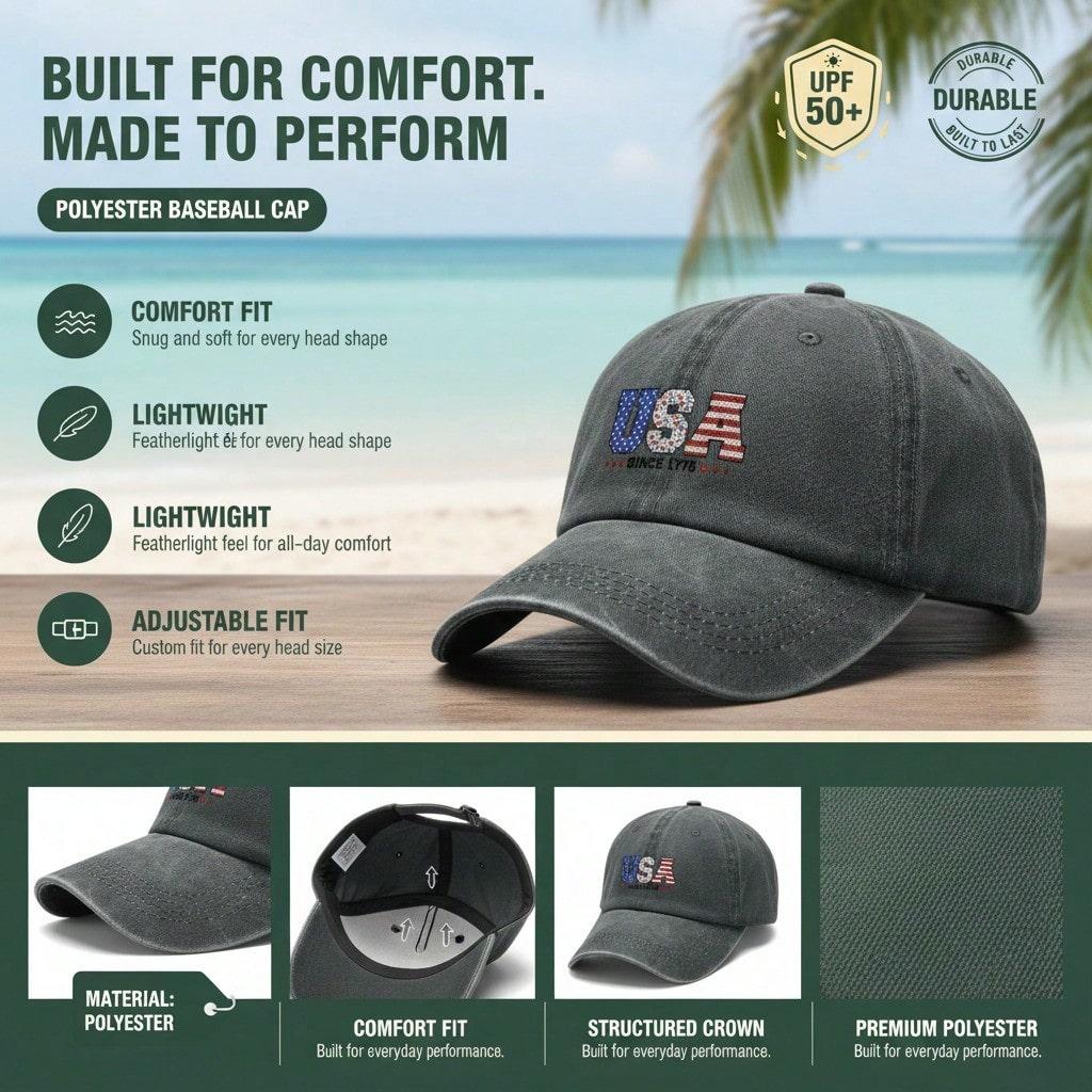 USA Patriotic Baseball Cap - Adjustable Vintage Washed Hat With "SINCE 1776" Print, Lightweight Breathable Sun Protection Casual Daily Wear Unisex