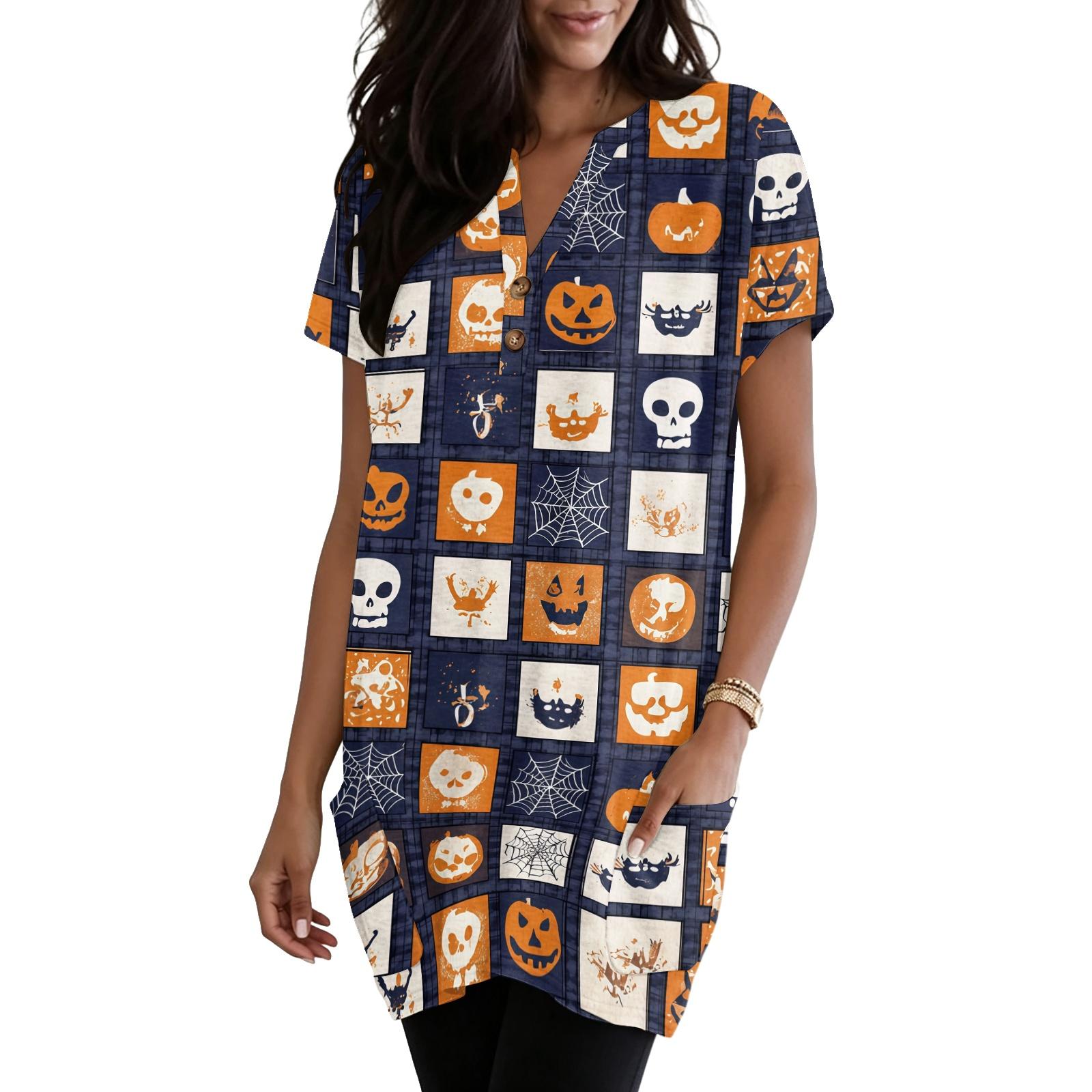 Women s Halloween V-Neck Short Sleeve T-Shirt with Pocket, Pullover Top, Printed Graphic Tee M