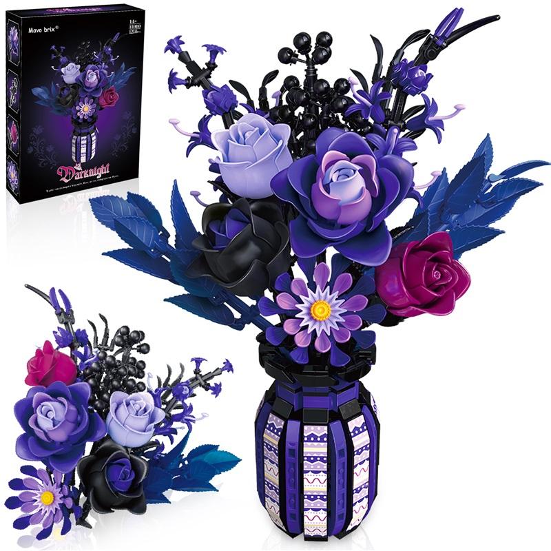 1218PCS Dark Romance Gothic Bouquet Building Blocks Flower With Vase Model Educational DIY Home Decoration Gift For Kids Adults