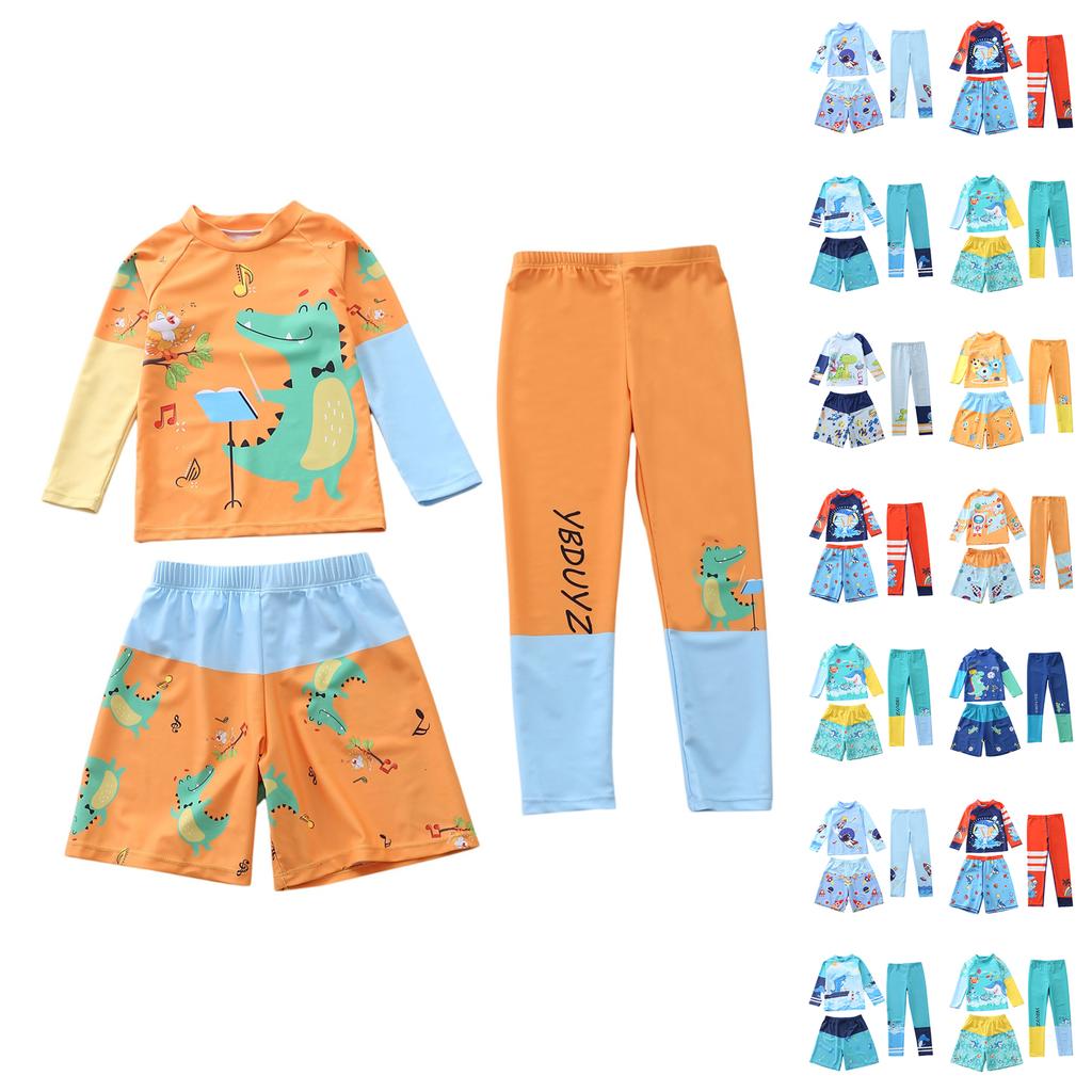 Dreiteiliges Jungen-Badebekleidungsset Langarm-Rashguard Badeshirt Badeshorts und Badehosen Cartoon-Print Leicht Schnelltrocknend