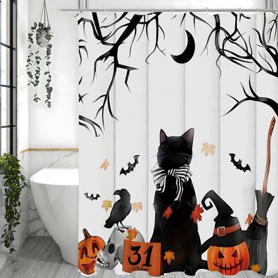 Halloween Pumpkin Kitten Shower Curtain, Bathroom Decorative Shower Curtain, Waterproof Shower Curtain with Hooks