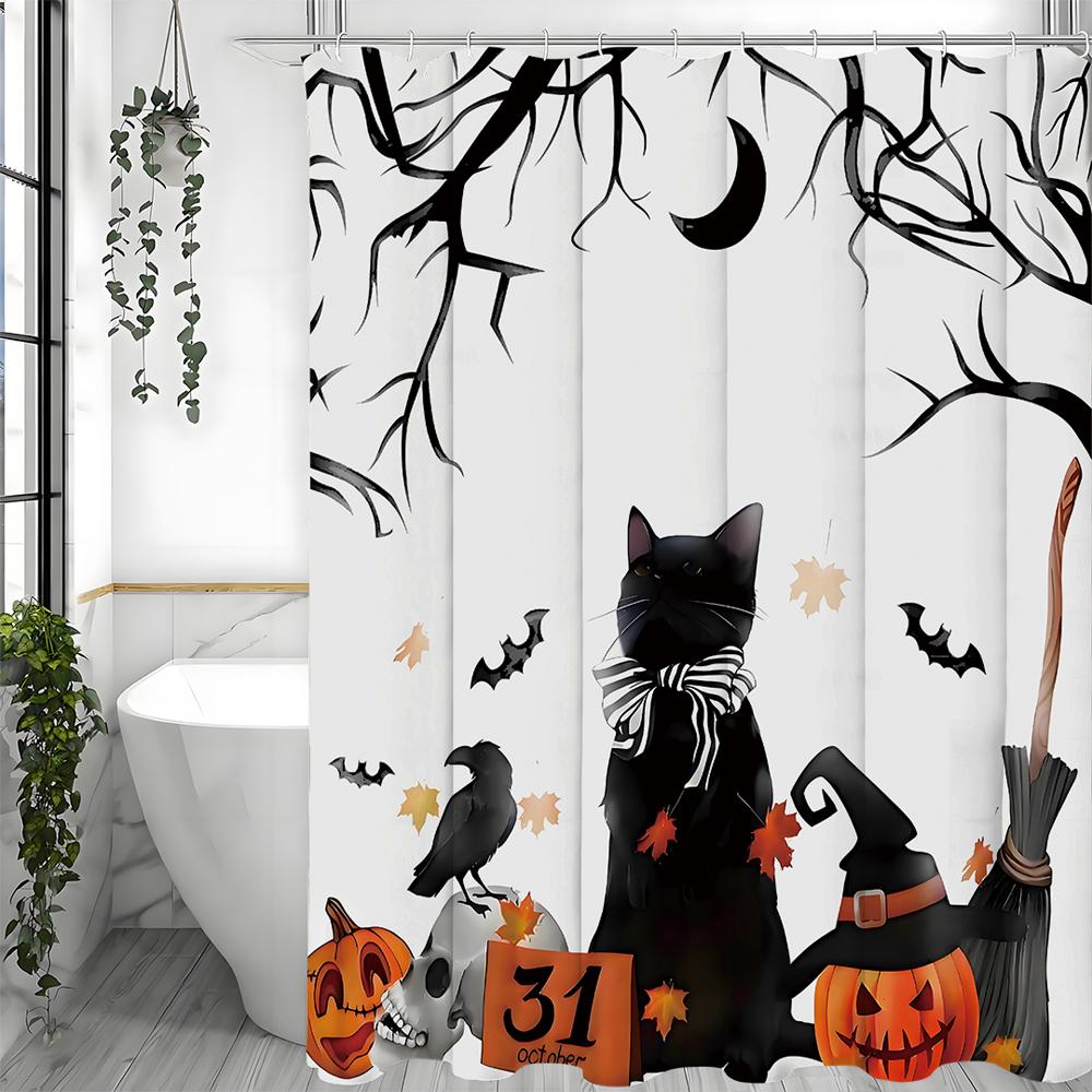 

Хэллоуин Тыква Котенок Занавеска для душа, Декоративная занавеска для душа для ванной, Водонепроницаемая занавеска для душа с крючками 90*180cm