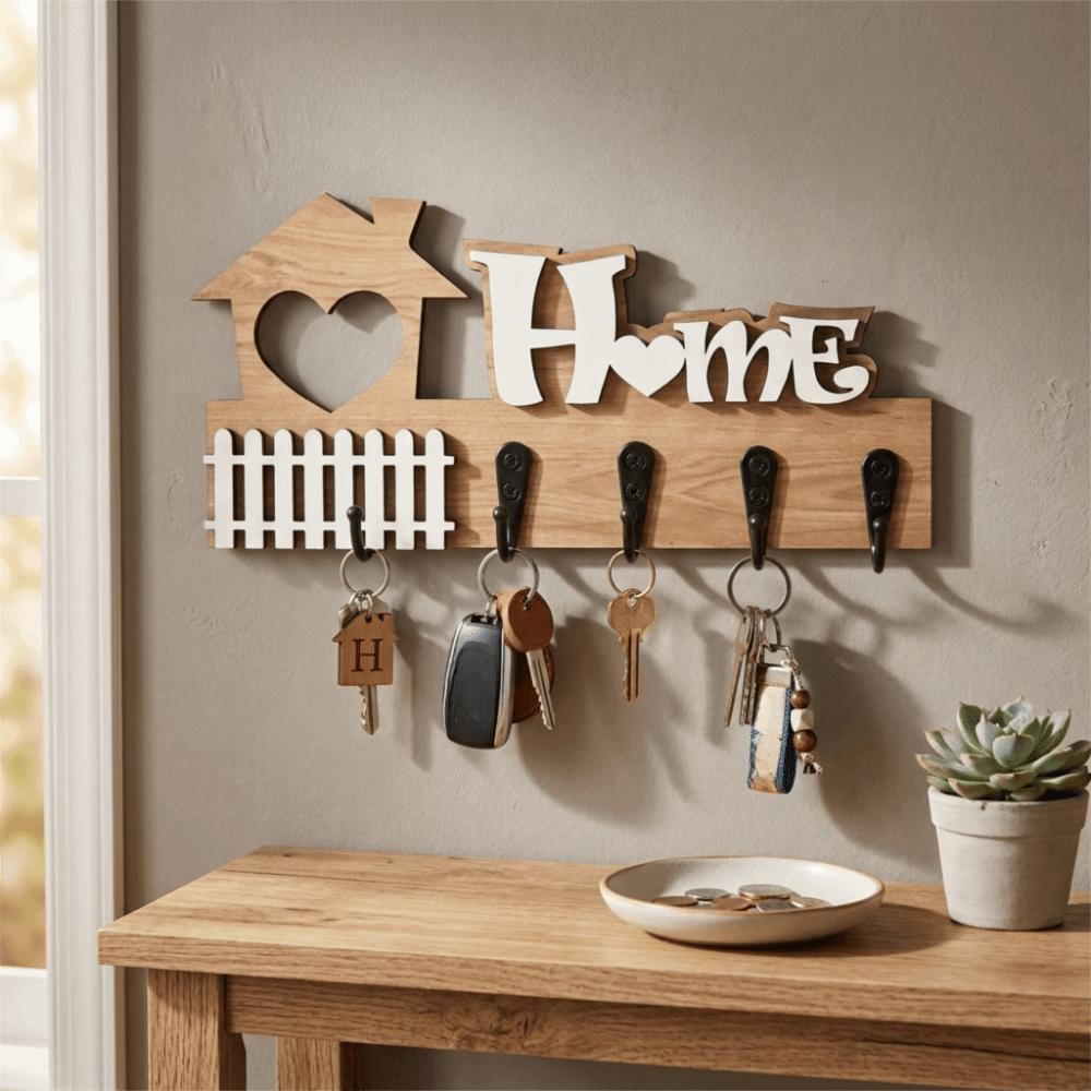 Rustic Wall-Mounted Key Holder 4 Hooks Key and Accessory Hanger Wooden Crafts Wall Hooks Office
