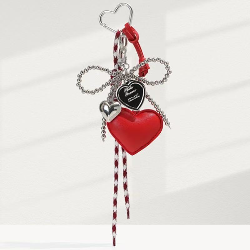 Creative Glossy Leather Pearl Bow Keyring Y2k Long Tassel Love Heart Backpack Pendant Bag Charms Handmade Bag Purse Decor Gift