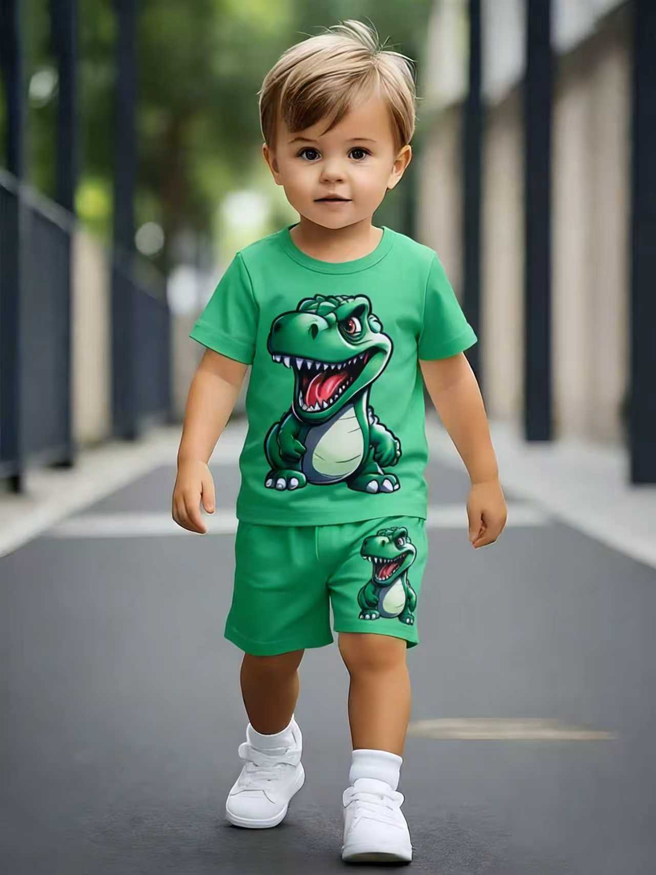 

Toddler Boys Cartoon Dinosaur 2 Piece Outfit, Summer Short Sleeve Set for Kids, Comfortable Playwear & Daily Clothes 1-2Y зелёный