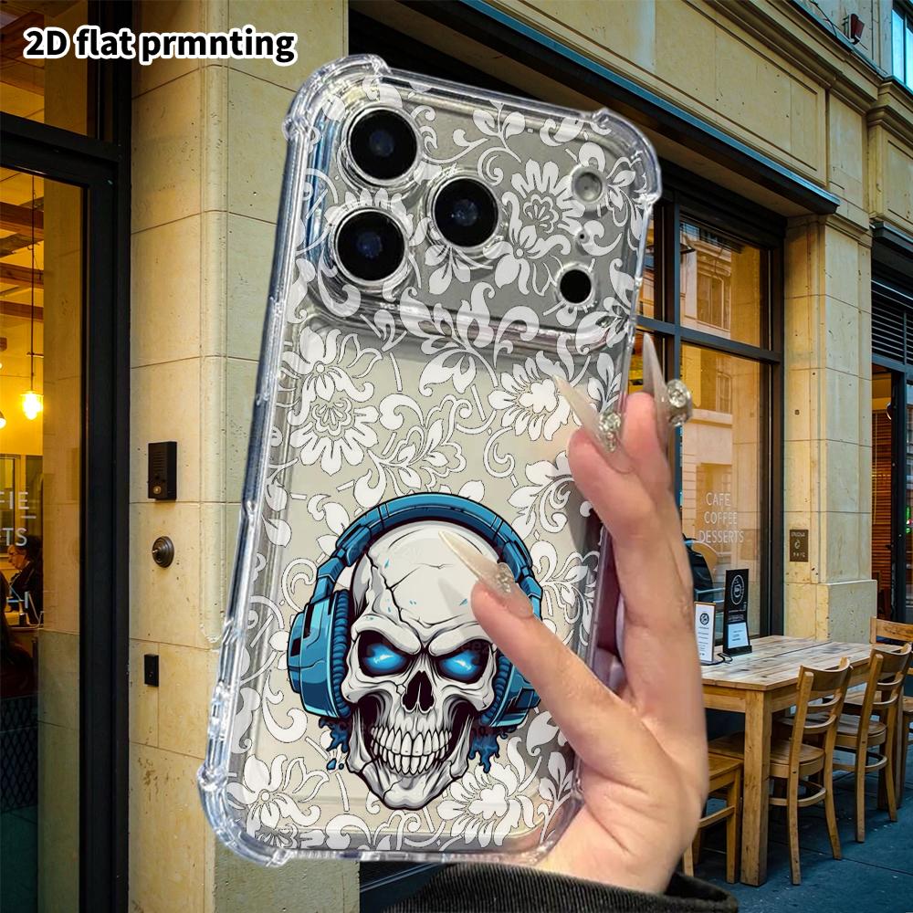 Phone Case: 2D Flat Suitable for iPhone 18 17 16 15 14 13 Pro, Transparent Corner Protection Case, Glowing Skull, Christmas and Halloween Gift