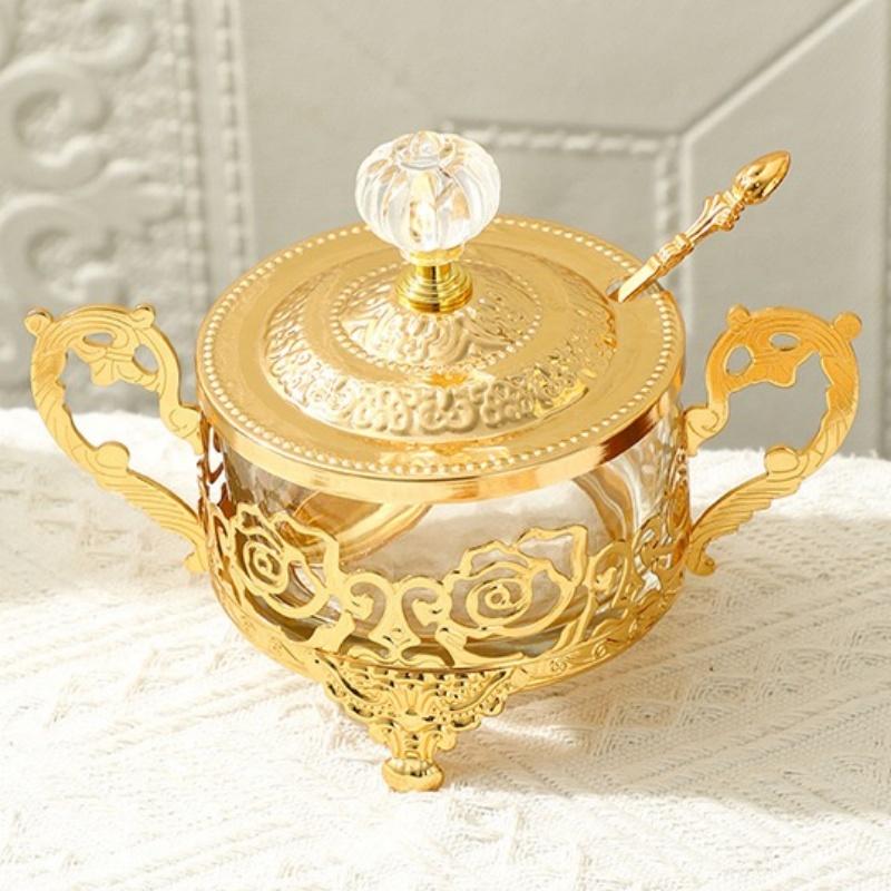 Golden Iron European Style Spice Jar,Home Kitchen Supplies Glass Sugar Bowl,Storage Sealed Jar Cream Organizer,Kitchen Tools
