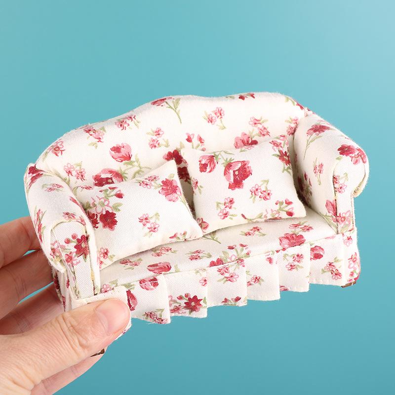 1 Set 1:12 Dollhouse Furniture Double Sitting Sofa With Pillow Kit Doll House Simulation Miniature Living Room Kids Pretend Play