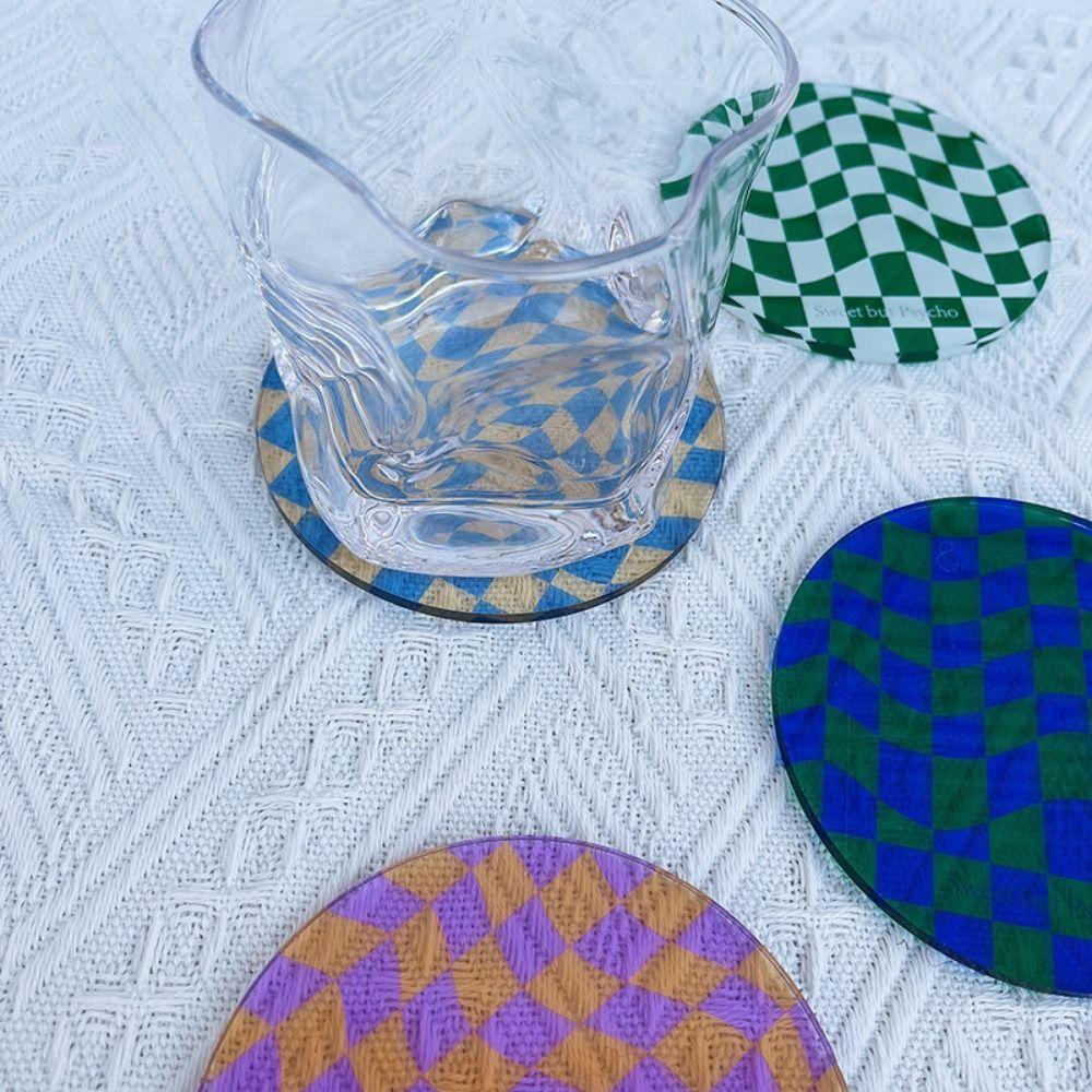 Waterproof Checkerboard Acrylic Coaster Non-Slip Drinks Placemat Durable Retro Cup Mat  Home