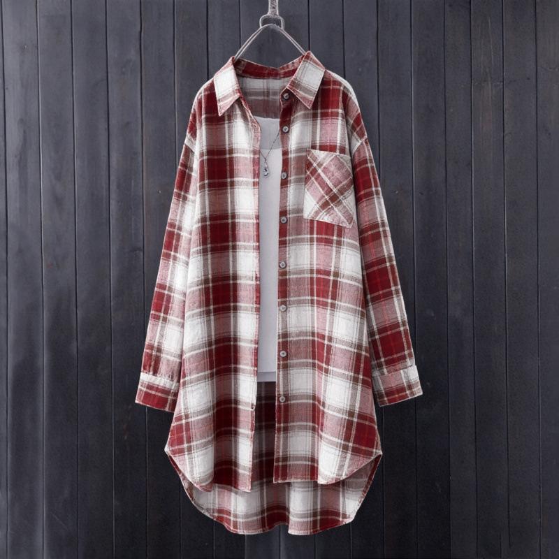 Plus Size Lightweight Retro Women Button Front Shirts for Spring/Summer Mid Length Plaid Blouse Long Sleeve Tops Blusa Feminina
