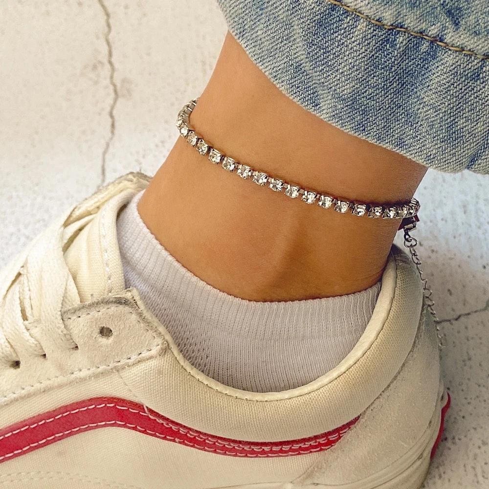 Women Gold Chain Full Rhinestone Anklet Beach Imitation Barefoot Sandal Leg Foot Jewelry