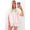 Women's 2Pcs Striped Pajama Set Short Sleeve T-Shirt + Drawstring Shorts Casual Loungewear For Summer Loose Fit Homewear