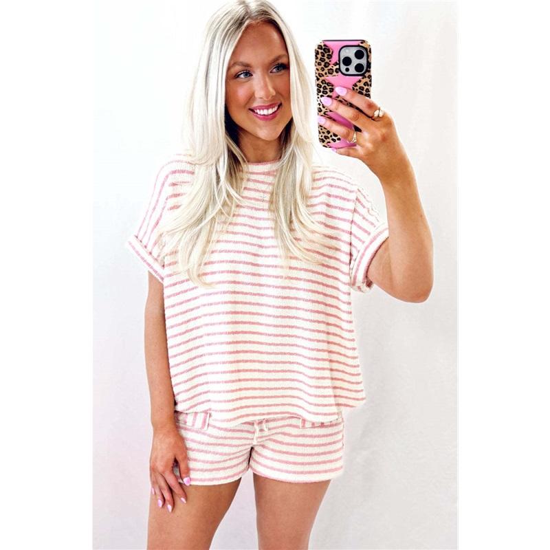 Women's 2Pcs Striped Pajama Set Short Sleeve T-Shirt + Drawstring Shorts Casual Loungewear For Summer Loose Fit Homewear
