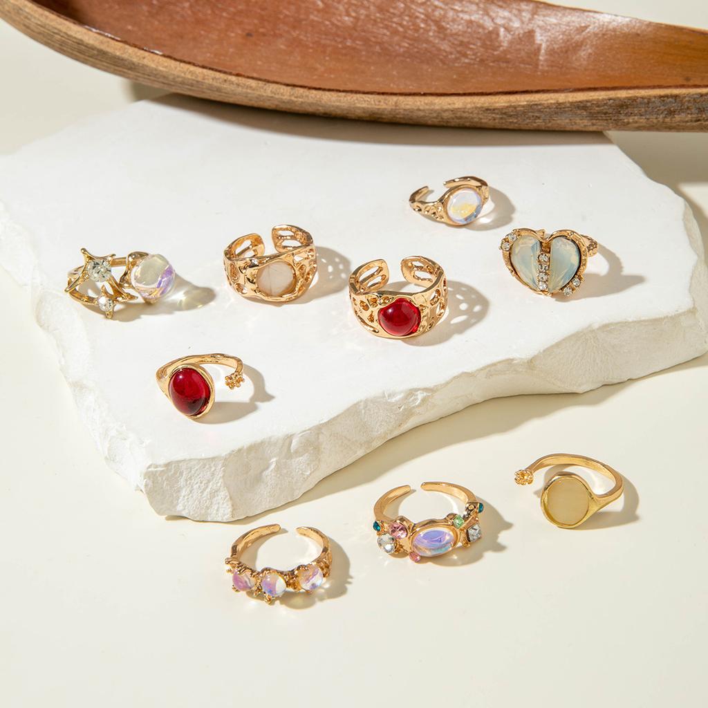 European and American Jewelry Fashion Irregular Special-shaped Love Imitation Gemstone Lava Bud Split Ring Nine-piece Set for Women
