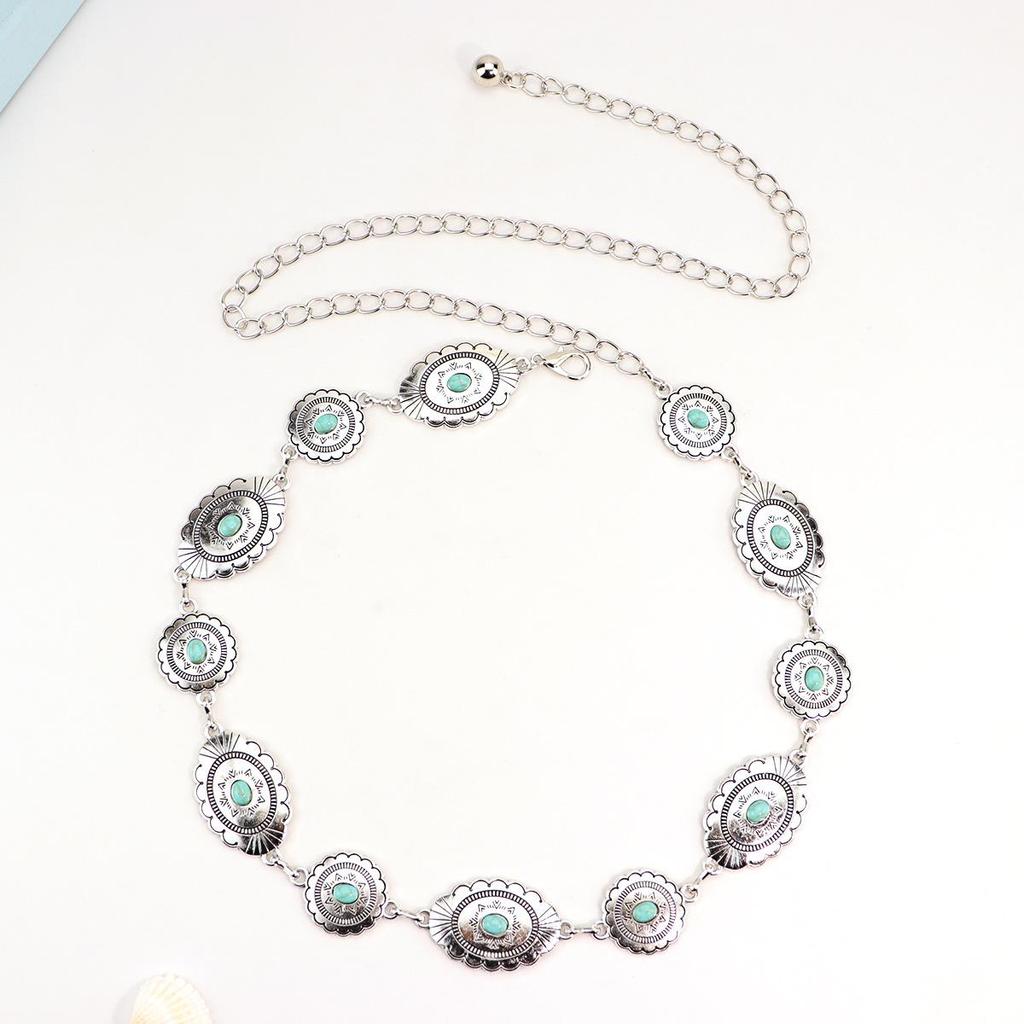 Vintage Turquoise Carved Belt Chain: Fashionable Metal Waist Accessory for Dresses