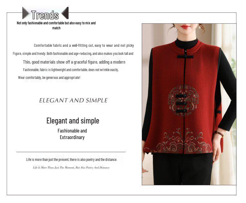 Stylish Women's Stand Collar Knit Vest with Frog Button & Embroidery - Warm Waistcoat for Middle-Aged & Elderly Mothers in New Chinese National Style.
