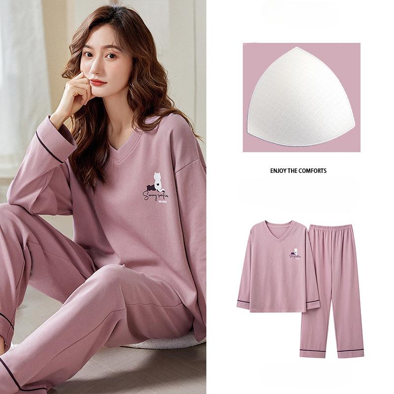 New Autumn Pajamas with Chest Pad Women Knitted Cotton Pajama Set Homewear Pijama Mujer Long Sleeve Casual Soft Female Sleepwear
