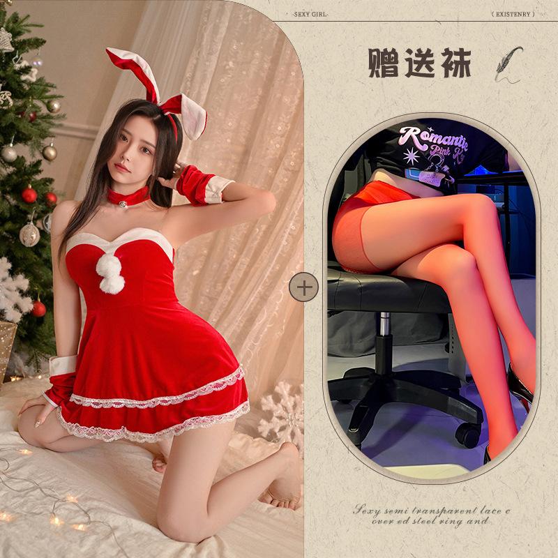 Christmas Day Clothing Velvet Tub Dress Girls Sexy Sleeves Rabbit Suit