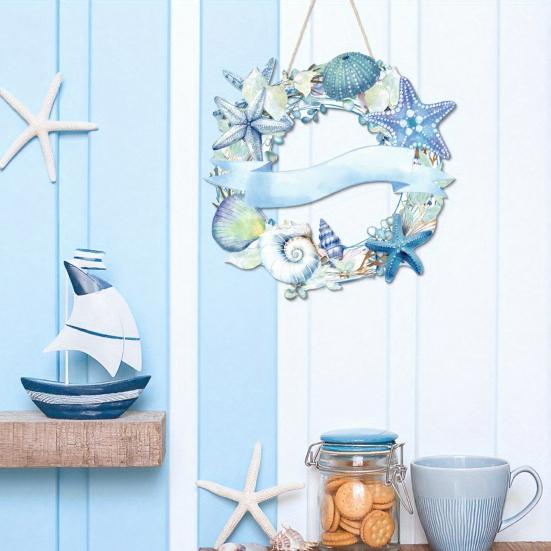 Door Sign Watercolor Starfish Seashells Design Wooden Beach Decor with Hanging Rope Waterproof Outdoor Indoor Seaside Entrance Sign Home Accent
