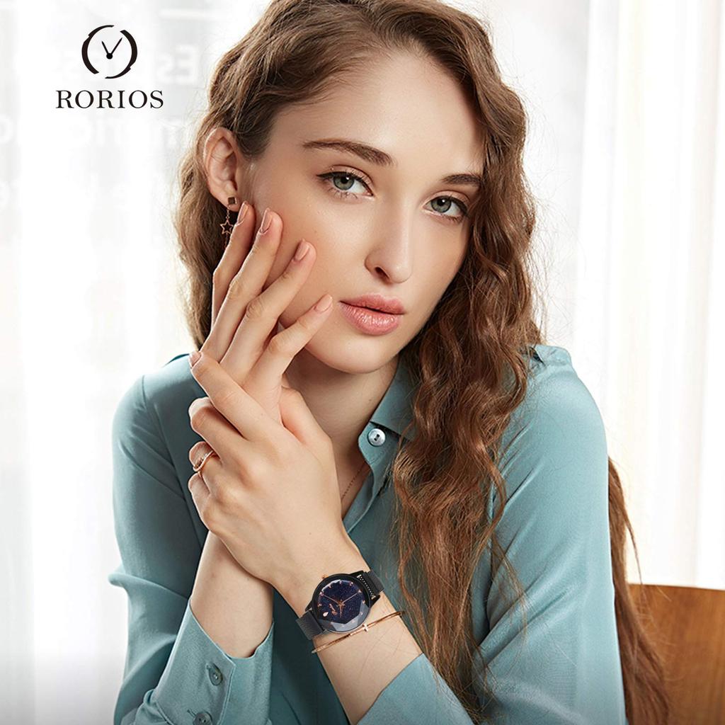 RORIOS Watch Watch Starry Sky Dial Glitter Waterproof Mesh Band Magnetic Buckle Quartz Casual Stylish Commuting To Work or School Black Women's