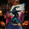 Women's Halloween Print Long Sleeve Top with Side Slit Round Neck for Casual Everyday Wear