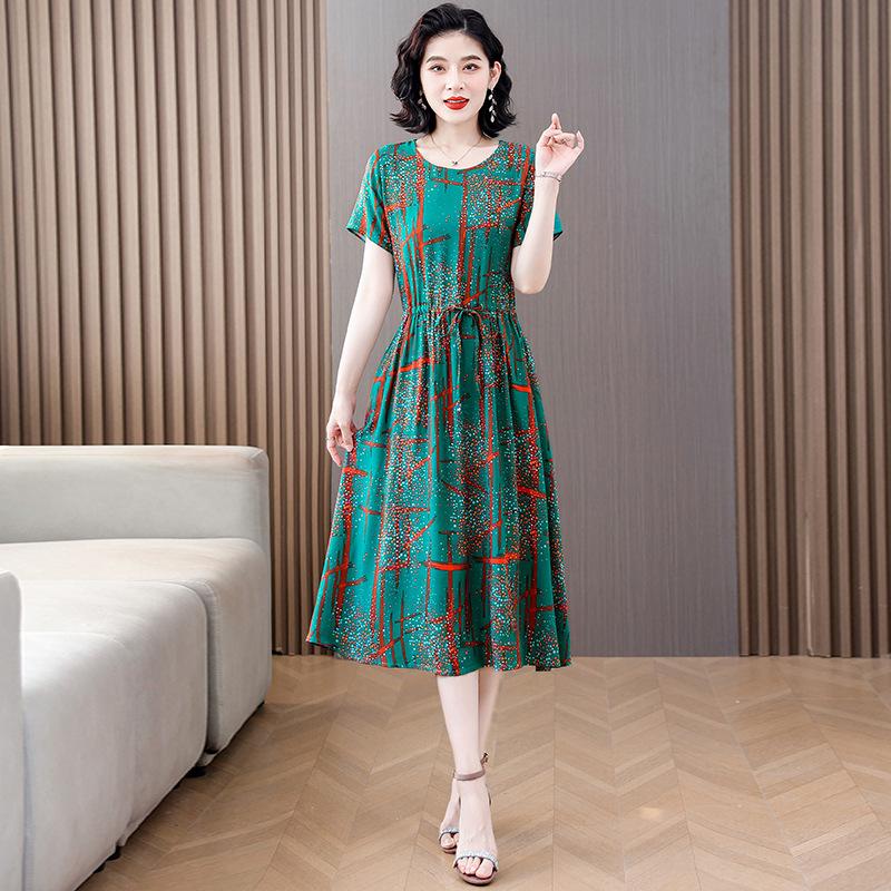 Women's Short Sleeve Midi Dress Round Neck Mid Rise Casual Floral Print A-Line Dress
