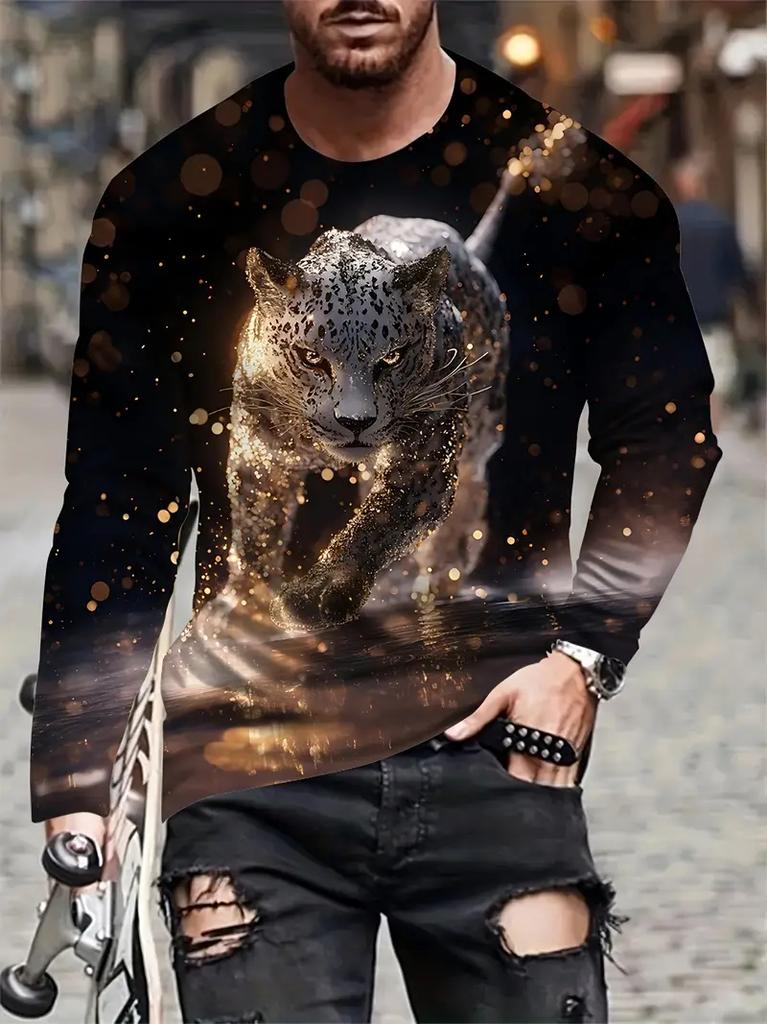 T-shirt a maniche lunghe da uomo Autunno Nuovo Stampa 3d Grafica Animale Leopardo T-shirt Primavera Casual Hip Hop Top Uomo Abbigliamento Oversize