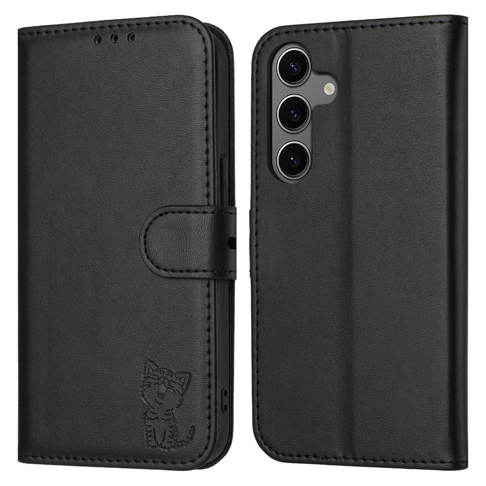 

Чехол для Samsung Galaxy S25 с рисунком счастливого кота, кожаный чехол-кошелек для телефона Black