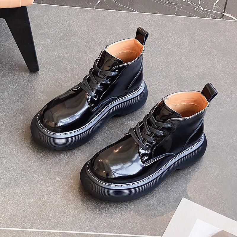 British style big head small leather shoes women's new retro muffin platform couple Korean version high-top short boots men