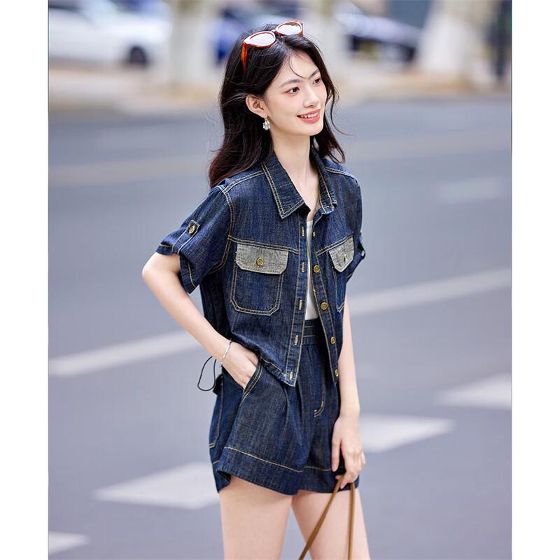 Women's Retro Denim Short Sleeve Cardigan & Shorts Set