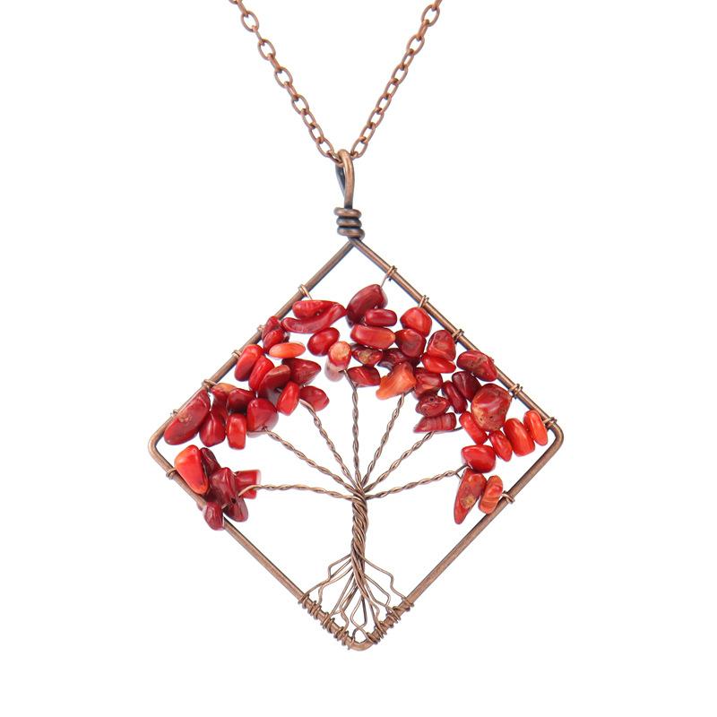 Hand-Wrapped Square Tree Of Life Necklace Natural Irregular Gravel Crystal Necklace N09