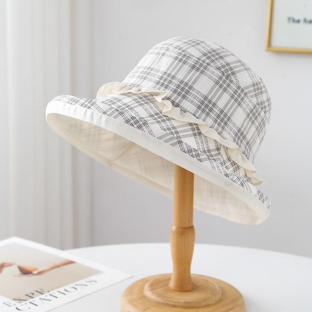 Women's New Spring Summer Plaid Bucket Hat, Rolled Brim Lace Decor, Casual Travel Hat