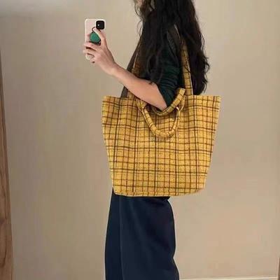 Outono Inverno Vintage Xadrez Amarelo Gengibre Bolsa Tote de Grande Capacidade Commuter Versátil Bolsa de Mão Ombro Axilar