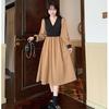 2026 Autumn Korean Style Elegant Waist-cinching Slim Fit French Retro Patchwork Midi Dress