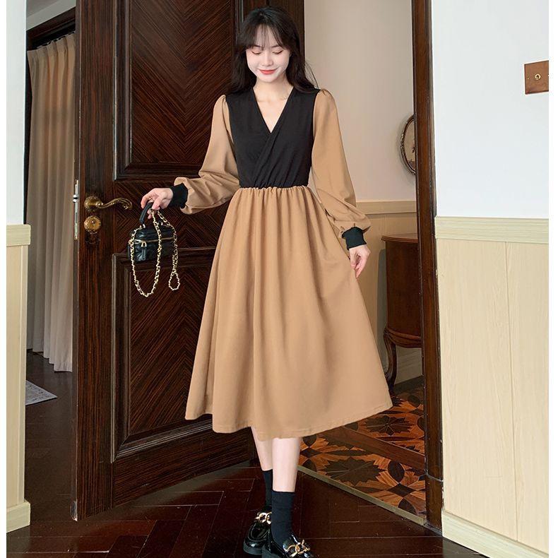 2026 Autumn Korean Style Elegant Waist-cinching Slim Fit French Retro Patchwork Midi Dress Medium хаки