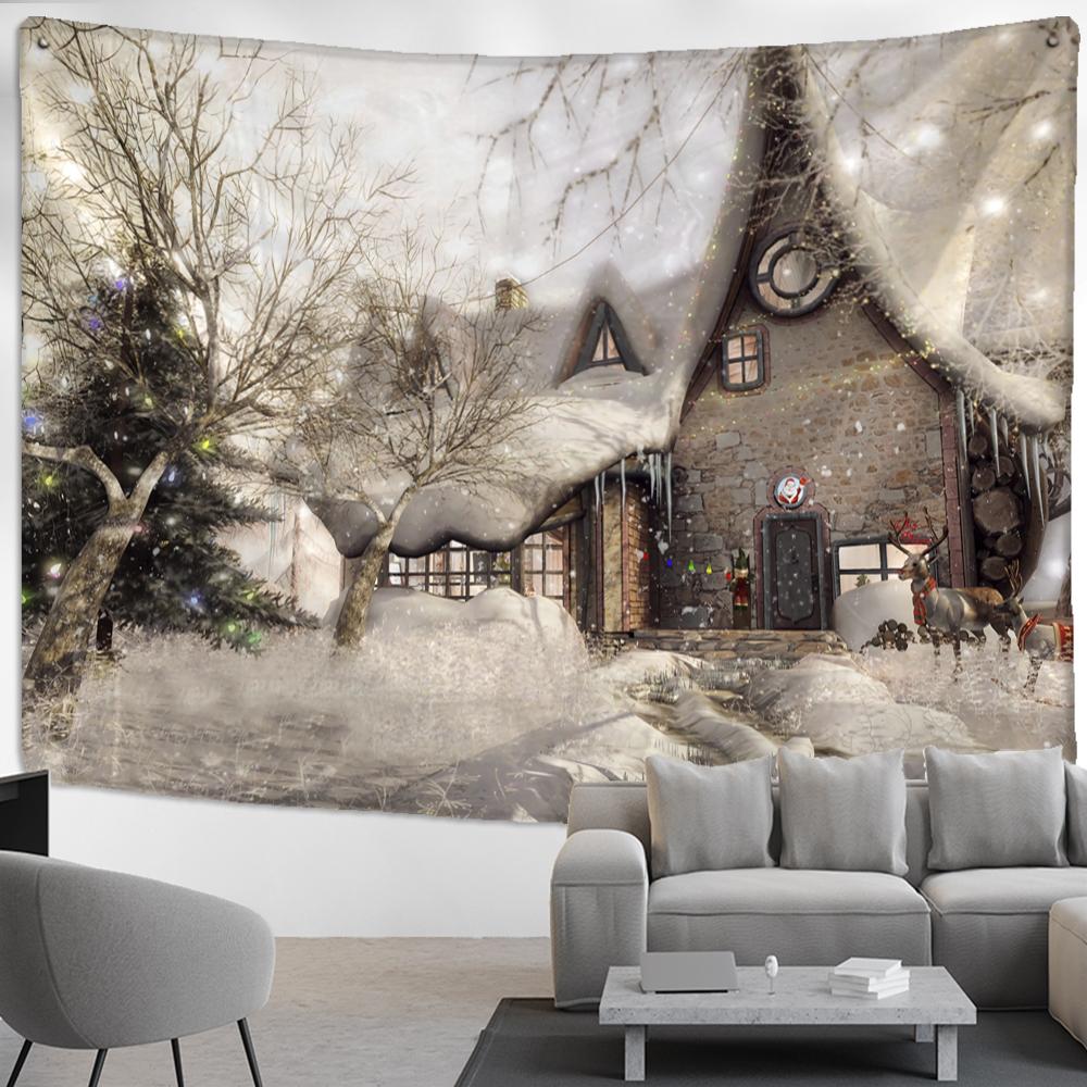 Snow Covered House Tapestry Wall Hanging Christmas Festival Natural Landscape Art Background Cloth Home Decor