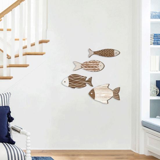 4Pcs/Set Vintage Wooden Fish Wall Decoration School of Fish Lake Beach House Bathroom Coastal Wall Art Nautical Ocean Theme Hanging Ornament