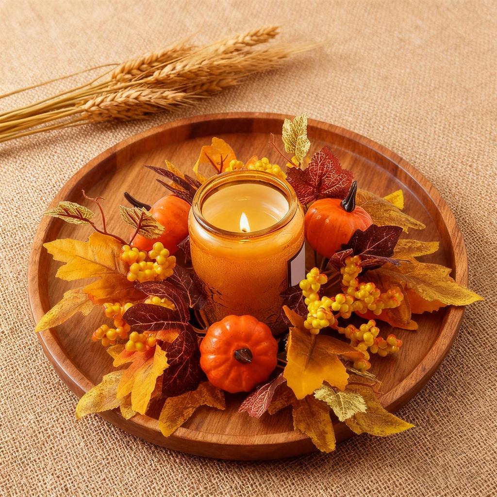 Candle Ring Artificial Wreath Decorative Ornament Rustic Maple Leaves Fall Wreath for Party Living Room Festival Table Farmhouse
