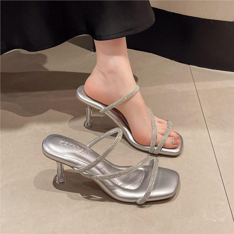 

High heels women s summer 2025 new French rhinestone square heel with sandals fashion outer slippers 40 срібний