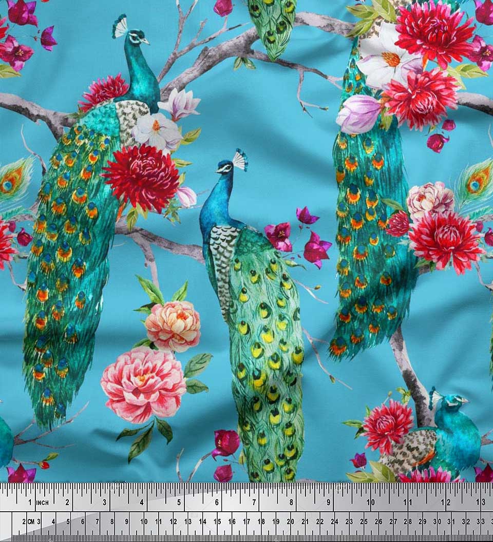 

Японська креп-сатин Soimoi Тканина з принтом птахів жоржини, півонії та павича на метри 42 дюйма 42 Inch Wide - Poly Crepe синій