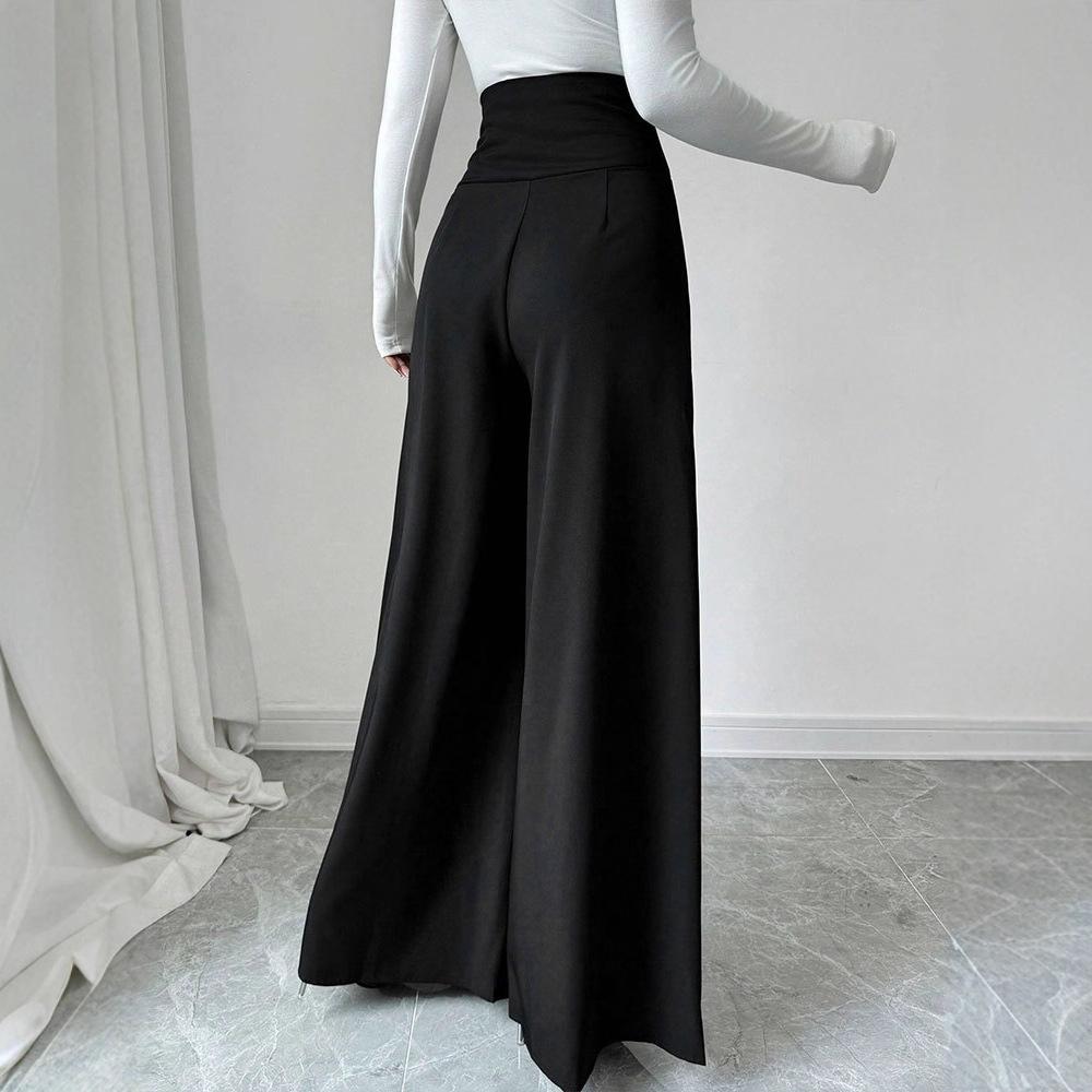 New Women's High Waist Black Straight Wide Leg Pants, Polyester Blend Patchwork Lightweight Trousers for Office & Street Fashion
