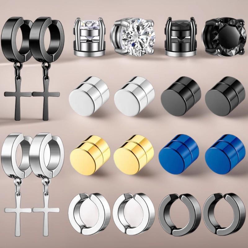 Set de Pendientes Magnéticos de Acero Inoxidable con Forma de Cruz y Circonita para Hombres y Mujeres